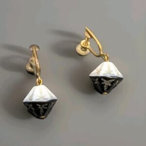 Antique Victorian Mourning Earrings Black White Glass Palm Frond Screw Back Drop